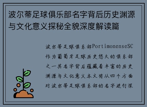 波尔蒂足球俱乐部名字背后历史渊源与文化意义探秘全貌深度解读篇